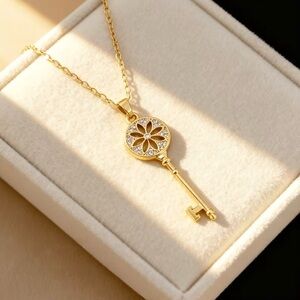 Gold Key Pendant Necklace Rhinestones Stainless Steel Hypoallergenic